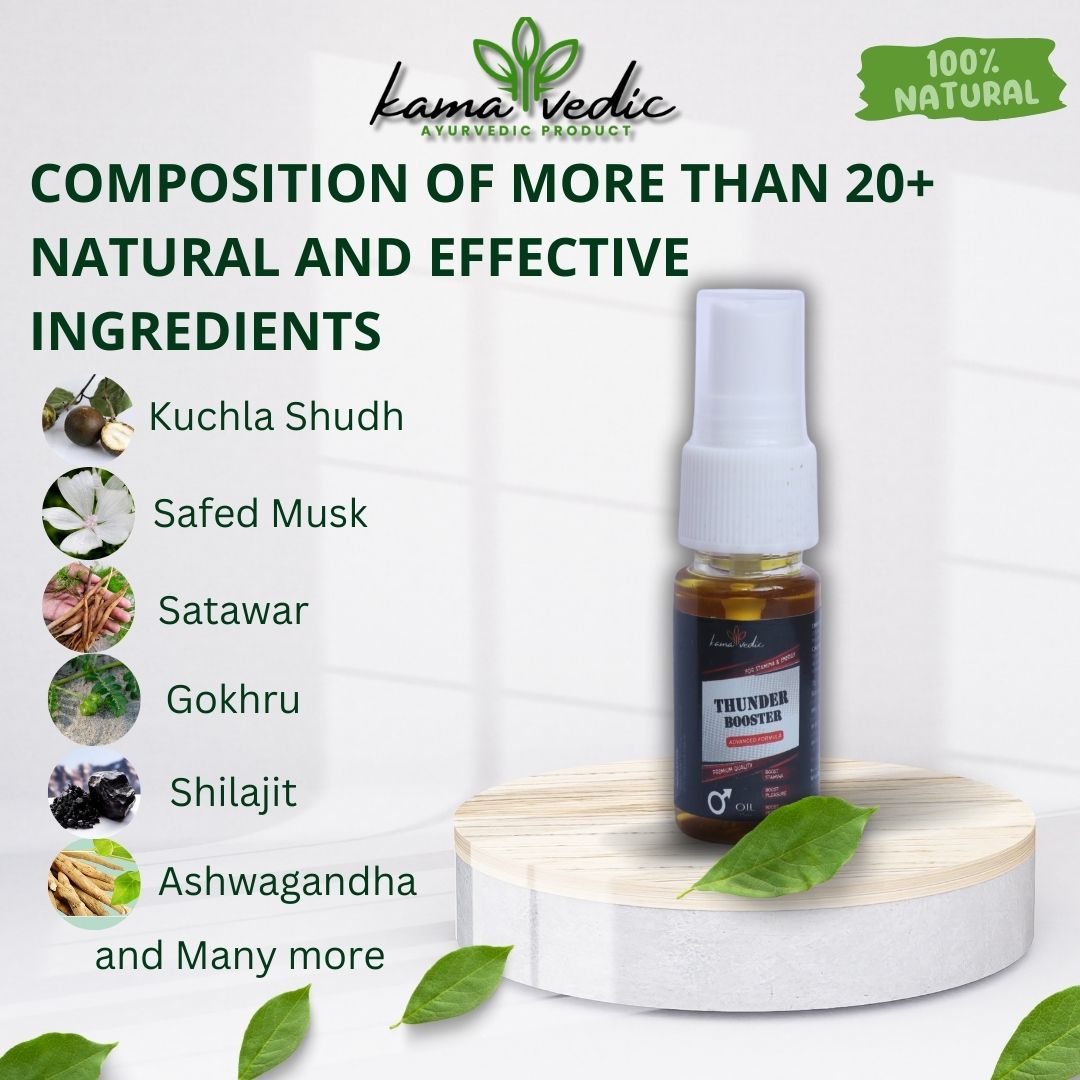 ThunderBooster herbal oil ingredients — Shilajit, Nutmeg, Akarkara, Lavang for men's wellness and blood circulation
