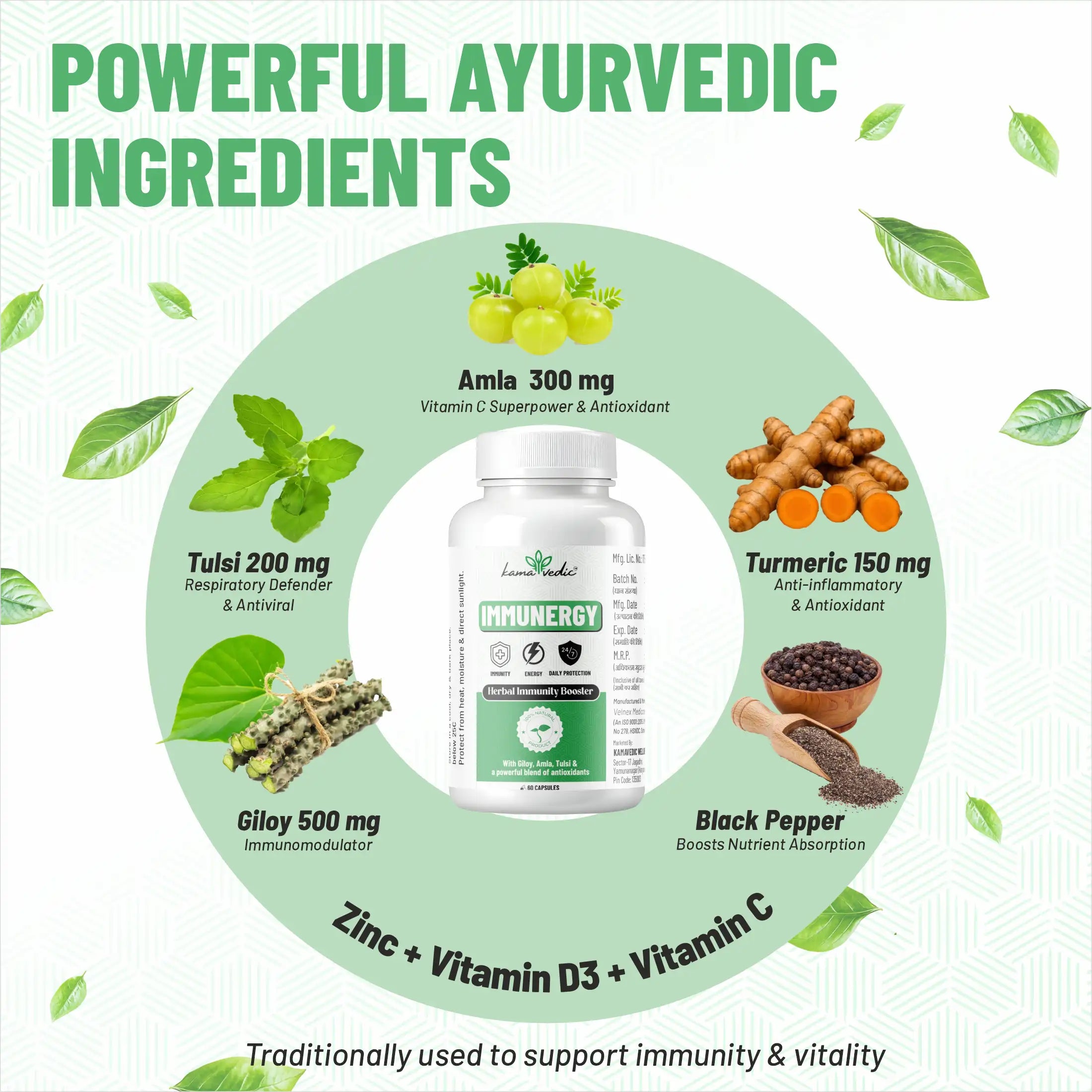 immunergy ingredients giloy amla tulsi curcumin zinc vitamin c d3 immunity booster supplement india