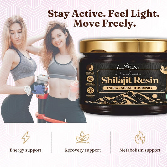 Shilajit Resin product with two women in athletic wear and promotional text on a white background.
