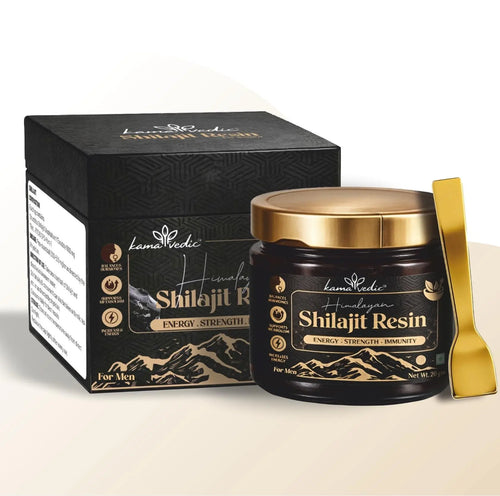 Kamavedic Shilajit Resin main product shot — pure Himalayan source, 85 plus trace minerals, strength and vitality