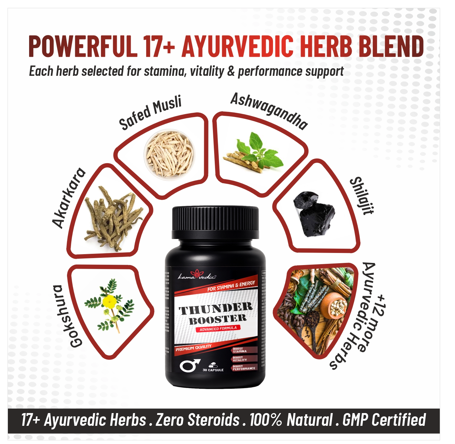 ThunderBooster Combo 17 Ayurvedic herbs ingredients — Ashwagandha Shilajit Kaunch Beej