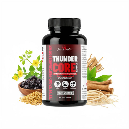 Kamavedic ThunderCore testosterone support capsules bottle Ayurvedic men vitality strength stamina supplement