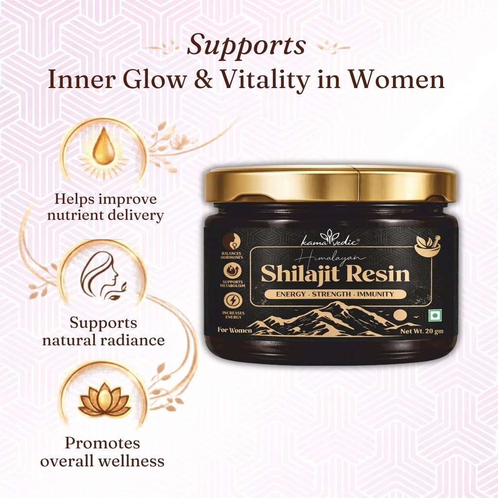 Kamavedic Shilajit for Women — key benefits including skin glow, hormonal balance, bone strength and daily vitality
