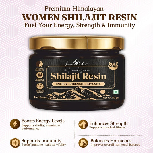 Jar of Kama Vedic Shilajit Resin for women with gold lid on a white background